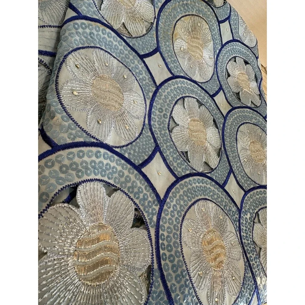 African Swiss Voile Lace Fabric Remnant - Blue & White Sequin Embroidered Floral